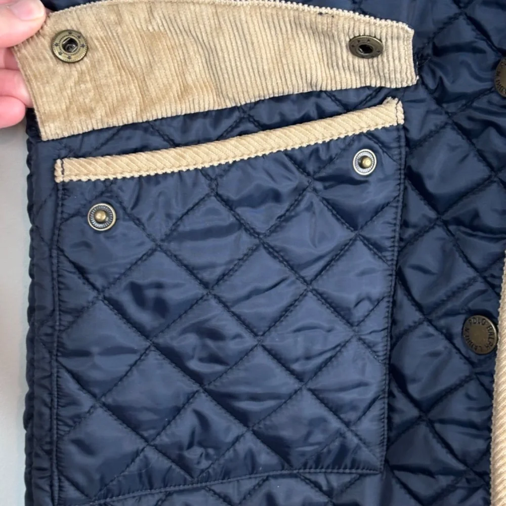Ralph Lauren Quilted Barn Coat Girls M Navy Corduroy Collar Snap Equestrian READ